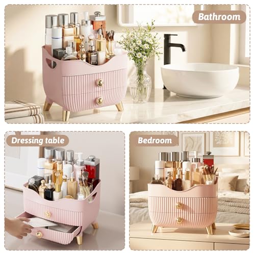 Makeup Organizer Countertop, Large Capacity Skincare Cosmetic Organizer for Vanity with 2 Drawers, Cosmetic Display Cases Makeup Storage Box for Bedroom, Bathroom, Ideal Gifts for Women(Pink) - color: Pink