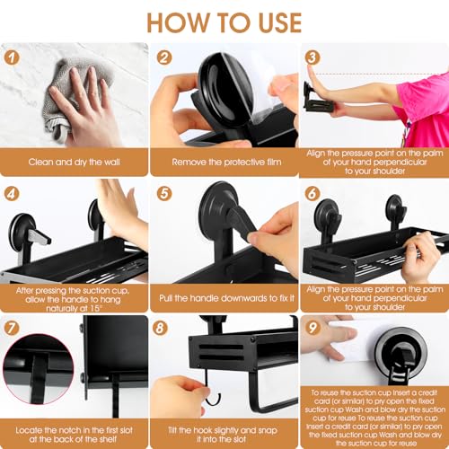 Shower Caddy Suction Cup, 15.7 inch Suction Shower Shelf with Hooks NO-Drilling Bathroom Holder, Rustproof Bathroom Organizer, Black - size: 15.7 inches(US)