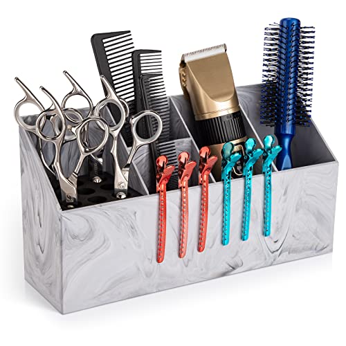 Noverlife Salon Shear Holder, Large Marble Pattern Hair Stylist Shears Rack Neat Desk Organizer, Professional Barber Scissor Holder Pet Grooming Storage Box Container Case for Clippers Combs Clips - color: Marble Style - White