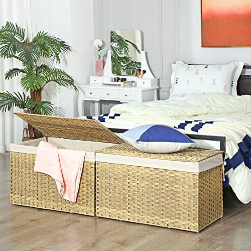 SONGMICS Storage Basket with Lid, Woven Blanket Storage Bin with Handles, Foldable, Removable Liner, Metal Frame, for Bedroom, Laundry Room, 42.3 Gallons (160 L), Natural URST76NL - color: Natural, size: 160 L
