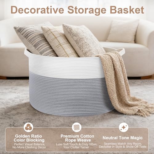 XXL Large Laundry Basket, 90L Soft Cotton Rope Basket, Blanket Storage and Organizers, Baby Nursery Laundry Hamper, Extra Large Toys Storage Bins for Kids 23'' x 13'', White & Gray - color: Gray & White, size: 90L