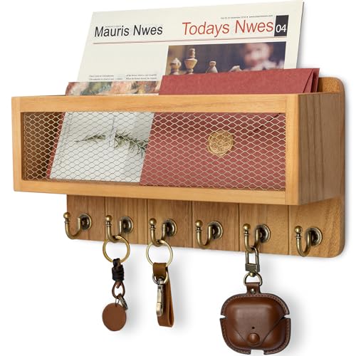 Rebee Vision Farmhouse Key and Mail Holder for Wall with Mesh Mail Basket : Decorative Mail Organizer Wall Mount with 6 Retro Key Hooks - Rustic Home Decor for Entryway (Light Brown) - color: Yellow