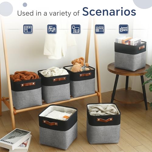 FinishingBo Cube Storage Baskets 6 Pack, 11x11 inch Cube Storage Bins with Leather Handles for Shelf Closet (Black/ Gray) - color: Black/ Gray