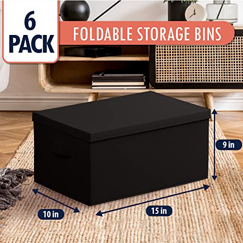Ornavo Home 6 Pack Collapsible Storage Bins with Lid, Foldable Linen Fabric Shelf Storage Basket Closet Organizer and Large Storage Box for Clothes with Leather Handles, 15 x 10 x 9, Black - color: Black, size: Large - 6 Pack