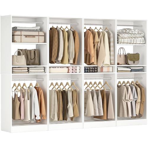 Unikito 100” Closet System, 8.3FT Wood Closet Storage Organizer with 8 Hanging Rods, Adjustable Large Walk in Wardrobe Closet Tower, Sturdy Clothes Garment Rack, Easy Assembly, Set of 4, White - color: White, size: 100 Inch