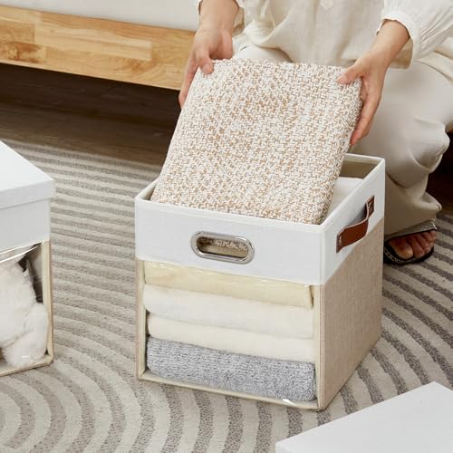Ultra Thick Fabric Storage Cubes with Lids & Windows, 11-Inch Foldable Closet Storage Bins with 3 Handles, Home Decorative Boxes for Bedroom, Living Room, Dorm, Office (Beige & White) - color: Beige&White, size: 11"L x 11"W x 11"H