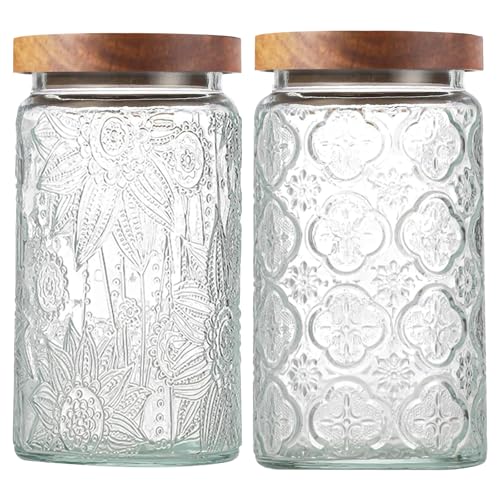 2-Pack 34 OZ Vintage Glass Jar with Lid, Airtight Food Storage Canisters with Bamboo for Kitchen Counter Pantry, Ideal for Coffee, Candy, Tea, Oats, Sugar, Cookies Decorative Jars - color: 34oz-Sunflower+Begonia