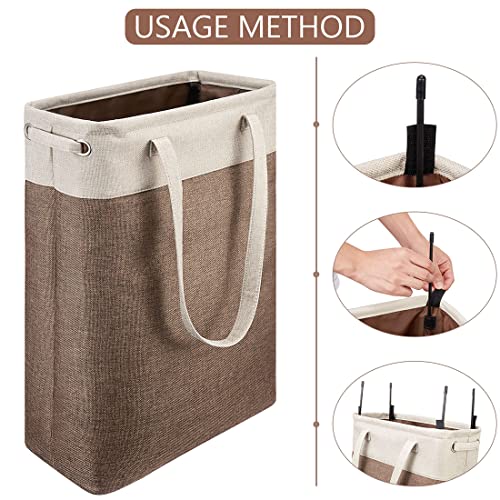 i BKGOO Laundry Basket with Handles Beige&Brown Slim Laundry Bin Collapsible Dirty Clothes Basket Narrow Laundry Bag Foldable Dirty Hamper for Camping, Dorms, Apartments - color: Beig&Brown