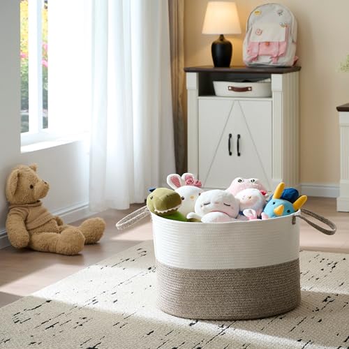 Luxury Little XXXL Nursery Storage Basket, 22 x 22 x 14 inches - 100% Cotton Rope Baskets with Handles, Laundry Basket for Toys, Blankets and Pillows - Off White & Beige - color: White&Beige Premium