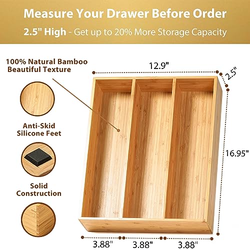 Umilife Bamboo Kitchen Utensils Organizer, 13 Inch Drawer Dividers for Silverware, Extra Deep Holder, with Non-Slip Feet, Wood Caddy for Flatware Cutlery - size: 13 x 17 inch (3 Slots)