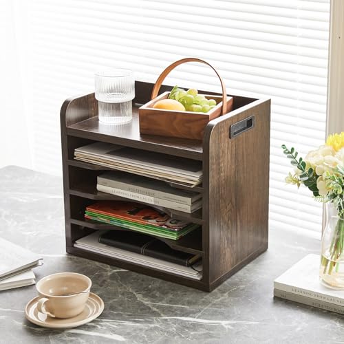 YMYNY Desktop File Organizer with Handle, Document Letter Mail Tray Sorter with 3 Adjustable Shelves, 5 Tiers Paper Holder for Home Office Desk, Black Gray,13.4 * 12.4 * 9.06" UHBC006G - color: Black Gray