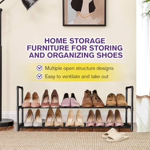 Shoe Rack - Metal Shoe Rack Organizer - Stackable Shoe Storage Shelf for Entryway, Closet, Bathroom 30cm(D) x 92cm(W) x 55cm(H) -Black (2-Tier) - size: 2-Tier