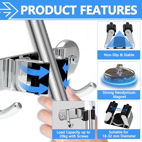3-H Magnetic Broom Holder Wall Mount 2 Pack, 2-in-1 Dual Mount (No Drill or Screw Fix), 304 Stainless Steel Heavy Duty Magnet Mop Broom Organizer for Kitchen Garden Garage(3 Racks & 4 Hooks, Silver) - color: Silver, size: 2pc & 3R4H