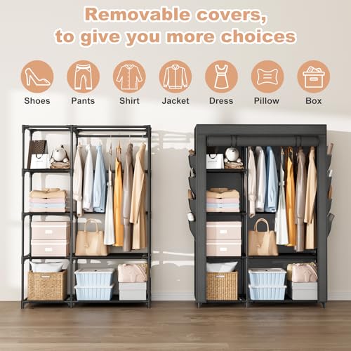 Portable Closets for Hanging Clothes, Wardrobe Closet with Hanging Rod and Clothing Storage Shelves, 8 Side Pockets, Free Standing Clothes Rack with Cover, for Bedroom and Dorm, Black - color: Black, size: 2 Row - 41.7' Wide