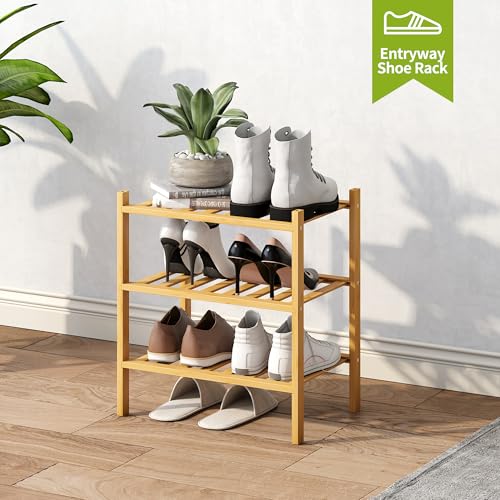 BMOSU 3-Tier Bamboo Small Shoe Rack Premium Stackable Shoe Shelf Storage Organizer for Hallway Closet Living Room Entryway Organizer (Natural Bamboo) - color: Natural Bamboo, size: Small-3-Tier（17*11*18.3inches）