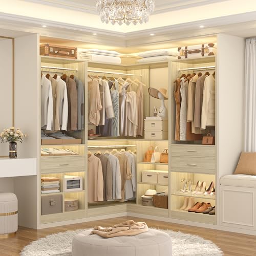Unikito 86" Corner Closet System, Modular Closets Organizer with 4 Hanging Rods and Storage Shelves, Freestanding Wood Clothes Garment Rack with Drawers, Sturdy Walk in Closet Tower, White Oak - color: White Oak, size: 86 Inch