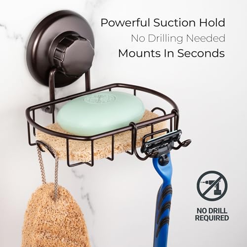 HASKO Suction Cup Soap Dish for Shower Wall, Rustproof Stainless Steel, Shower Soap Holder with Hooks, Includes Optional No Drill Adhesive Mount for Bathroom and Soap Saver, Bronze - color: Bronze