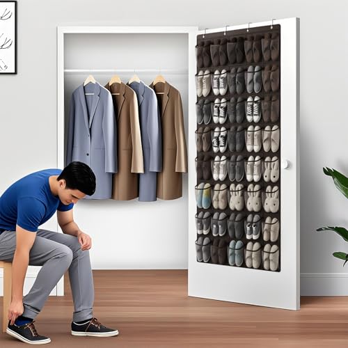 40-Pocket Over the Door Shoe Organizer - Large Mesh Pocket Hanging Shoe Organizer,Behind the Door Shoes Storage Holder Hanger (Coffee color) - color: Coffee color