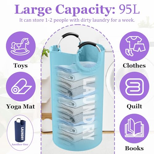 2Pcs Foldable Laundry Basket with Handles, 95L Large Clothes Hampers for Men, Tall Laundry Bin Stand Up Well, Portable Storage Basket for Family, Flat, Blue + Navy Blue - color: Blue + Navy Blue, size: L-95L