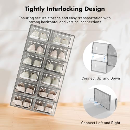 Foluck Shoe Storage Box, 15 Pack Clear Plastic Stackable Shoe Organizer for Closet, Interlocking Design Shoe Container Bins for Sneakers, Foldable Shoe Rack with Lids, Gray - color: Gray