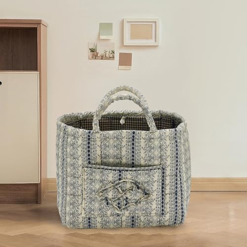 Quilted Fabric Storage Basket with Handles & Pocket, Foldable Laundry Hamper Boho Floral Print Organizer Bin for Home, Picnic, Office 12"x10"x10" (B-4) - color: B-4