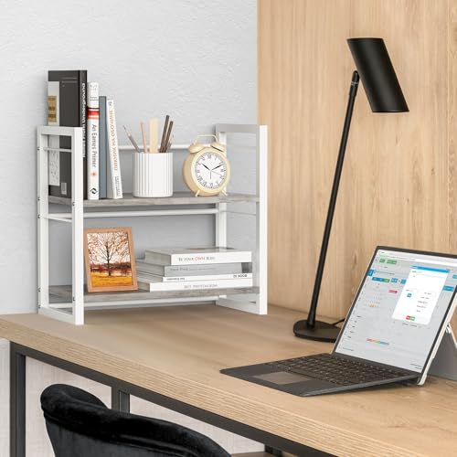 Office Desk Shelf Organizer, Wood Desktop Bookshelf Supplies Storage Rack, Shelf for Top of Desk and Dresser (Grey-2 Tier) - color: Grey