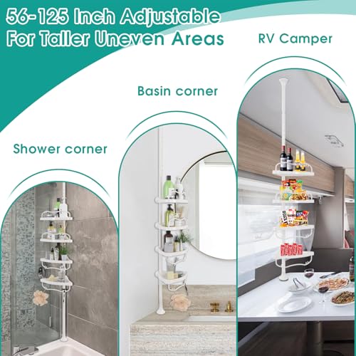 Corner Shower Caddy:125" Adjustable Inside Tension Shower Organizer Tension Pole,Rustproof Bathroom Organizer Shelves for Bathtub Shampoo Conditioner Storage,Floor to Ceiling Standing Showering Rack - color: White