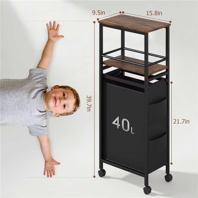 Slim Laundry Hamper with Shelf,40L Rolling Laundry Basket with Wheels,Laundry Sorter with Side Pockets and Removable Bags for Samll Space,Laundry Room,Bedroom,Bathroom