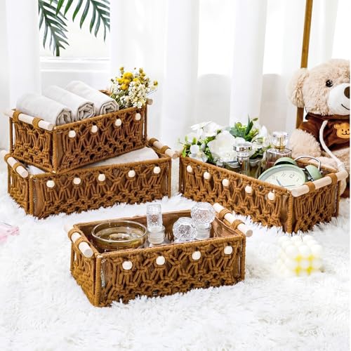 Vesici 4 Pcs Rustic Brown Macrame Storage Basket for Shelves 13 in 11 in Boho Basket Hand Woven Boxes with Wood Handles Beads Decorative Countertop Toilet Tank Cabinet Organizer for Home Room Decor - color: Rustic Brown