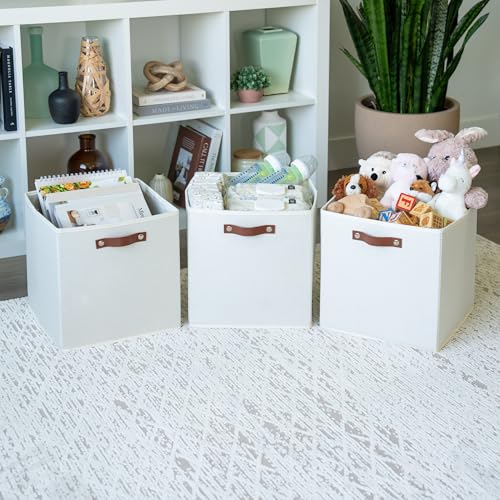 OrganiHaus 13" x 13" x 13" Cube Fabric Storage Bins Set of 4, Canvas Storage Cubes w/ Vegan Handles, 13 inch Collapsible Bins for Clothes & Toy Organizer, 13x13 Basket for Decor - White - color: Off-White, size: (13x13) Leather Handles