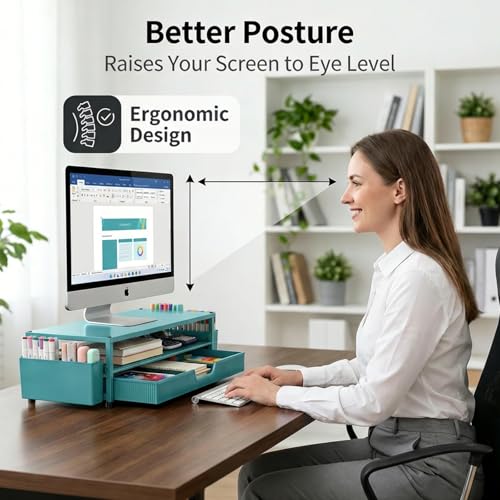 ECOLOVI Desk Organizer and Accessories, 2-Tier Computer Monitor Stand Rise with Storage Drawer & 2 Pen Holders, Laptop & Printer Stand for Desktop, Workspace Organizers for Office Supplies (Blue) - color: Blue