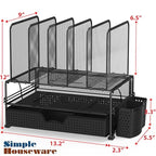 Simple Houseware Mesh Desk Organizer with Sliding Drawer, Double Tray and 5 Upright Sections, Black - color: Black