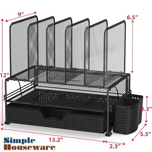 Simple Houseware Mesh Desk Organizer with Sliding Drawer, Double Tray and 5 Upright Sections, Black - color: Black