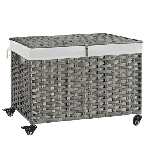 Rolling Storage Basket with Lid, 47.6 Gallon (180L) Storage Bin with Wheels, Woven Rattan Blanket Storage Basket with Handles, Foldable, Metal Frame, Removable Liner for Bedroom, Laundry Room, Grey - color: Grey
