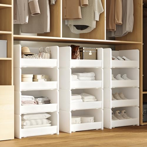 FOUCSSOMEI 4-Tier Stackable Closet Organizers and Storage, Closet Shelves – Heavy-Duty Stackable Closet Darwers Wood & Metal, Easy Assembly, Space-Saving,White, Patent Design - color: White, size: 4-Tier