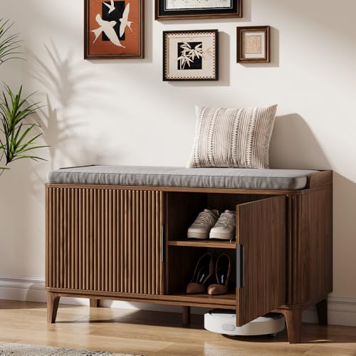 39.4" Fluted Shoe Cabinet Storage with Bench, 2-Tier Entryway Bench with Adjustable Shelves and Detachable Cushioned Seat, Shoe Organizer Bench Cabinet for Entryway, Living Room, Hallway Walnut - color: Walnut