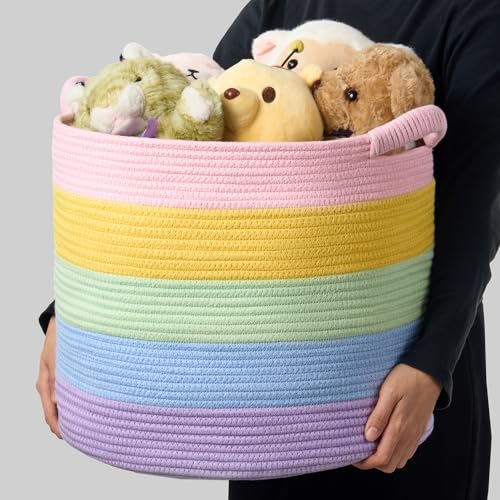 Blanket Basket - Woven Round Rope Storage Basket (16"Wx14"H) for Blankets & Throws, Small Laundry & Toy Organizer, Decorative Living Room & Bedroom Cotton Basket - Rainbow - color: Rainbow, size: Regular-16"Wx14"H