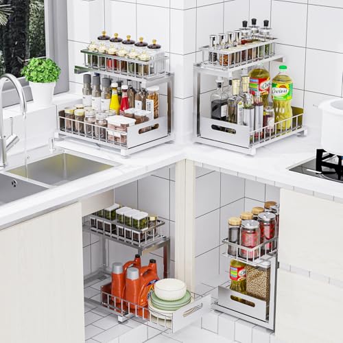 Under Sink Organizer, Heavy Duty Metal Pull Out Cabinet Organizer Slide Out Sink Shelf Organizer Height Adjustable, Multi-Purpose Storage Shelf for Kitchen Bathroom(Sliver,2Pack) - color: Silver, size: 2 Pack