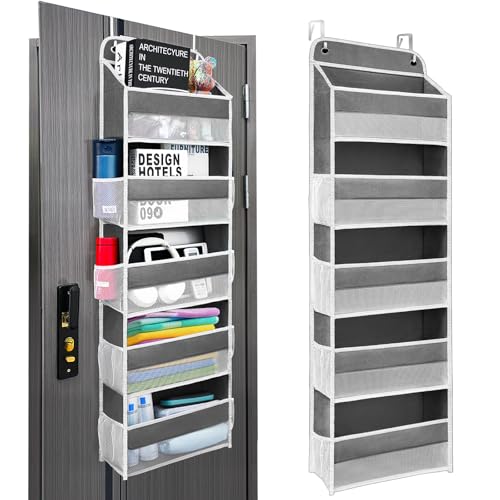 Ease of Assembly Over The Door Organizer, 5 Shelves & 8 Side Pockets,Hanging Behind Door Storage, Heavy-Duty Reinforced Mesh Rack Holds 44lb for Bathroom,Pantry, Nursery,Closet, Shoes, Towels - color: Dark Grey, size: 5 shelf