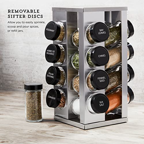 Kamenstein 16 Jar Heritage Revolving Countertop Spice Rack Organizer with Spices Included, FREE Spice Refills for 5 years, Brushed Stainless Steel with Black Caps | Revolving, Organizer, with Spices Included, with Black Caps - size: 16-Jar, style: 16-Jar