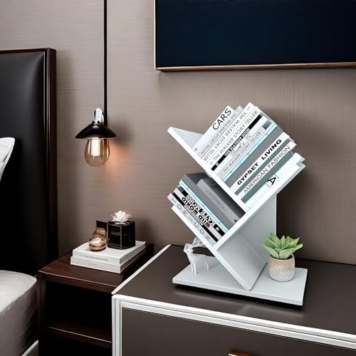 Godferyxin Tree Bookshelf, 3-Tier Small Bookcase for Desk – Wood Small Bookshelf with Storage Shelves, Mini Bookcase for Bedroom, Office, White Bookshelf, CDs, Magazines Desktop Book Tree - color: 3-tier-white