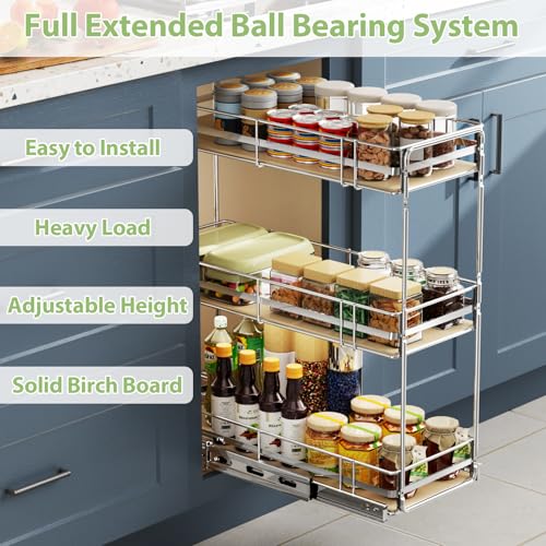 ROOMTEC 3-Tier Pull Out Cabinet Organizer Spice Rack for Narrow Cabinet 8" W x 20½" D, Slide Out Wood Shelves Storage for Kitchen - size: 8" W x 20½" D, 3 Tier, Wood Shelves