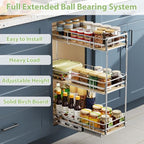 ROOMTEC 3-Tier Pull Out Cabinet Organizer Spice Rack for Narrow Cabinet 9" W x 20½" D, Slide Out Wood Shelves Storage for Kitchen - size: 9" W x 20½" D, 3 Tier, Wood Shelves