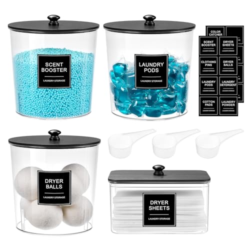 Laundry Pods Container & Dryer Sheet Holder, Laundry Room Organization and Storage Jars with Lids, Labels & Scoops for Powder Detergent Scent Booster, Black Lid - color: Black