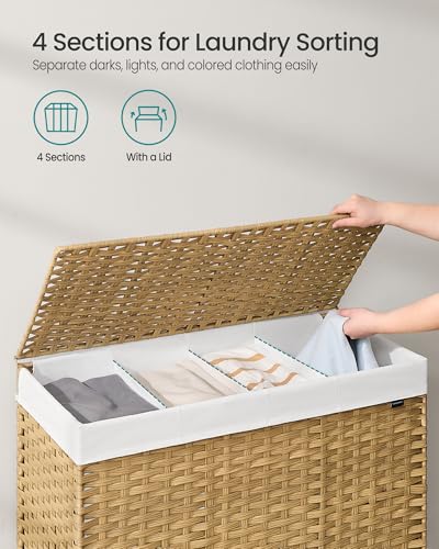 SONGMICS Laundry Hamper with Lid, 55.4 Gallons (210 L), Rolling Laundry Basket with Wheels, 4-Section Synthetic Rattan, Removable Liner, Bedroom, 33.9 x 15.7 x 26 Inches, Natural Color ULCB460Y01 - color: Natural, size: 210 L
