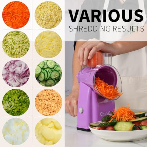Upgrade Rotary Cheese Grater Shredder with Handle, Strong Suction Base, Multi-purpose Rotary Grater Slicer with 5 Interchangeable Blades for Ice, Vegetables, Fruit, Nuts with Blade Storage Box - color: Purple