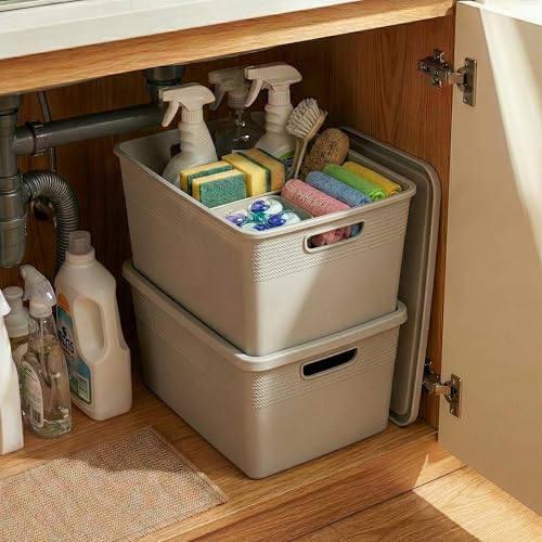BINO | Plastic Storage Bins with Lids, 22 Liter - 3 Pack, Natural Grey | THE BRAIDED COLLECTION | Plastic Bins for Organization Woven Storage Baskets for Organizing Pantry Shelf Organizer Basket Bin - color: Natural Grey, size: 22L | 3-Pack