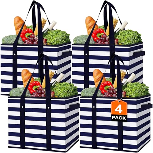 WISELIFE 4 Pack Reusable Grocery Bags Large Water Resistant Grocery Collapsible Heavy Duty Tote Bags for Shopping Picnic - color: Blue, size: 4 PCS