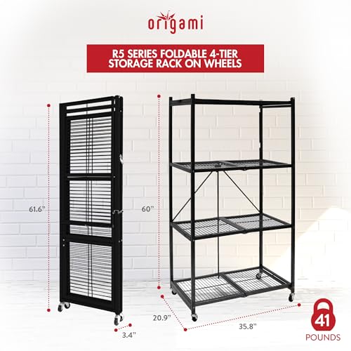 Origami 3 Pack 4 Tier Foldable Metal Garage Storage Shelf Rack, Wheels & Powder Coated Steel, Black - color: Black, size: 3-Pack