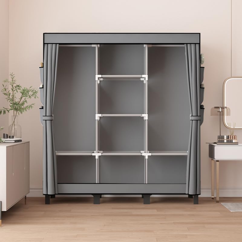 Portable Wardrobe, Easy Hanging Closet 6 Side Pockets Large Capacity Clothes Organizer Comes with 2 Hanging Poles and Shelves, Width 130cm, Depth 45cm, Height 172cm (Grey) - color: Grey